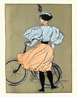 Young woman cyclist with bicycle Victorian Art Nouveau Jugendstil