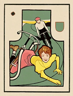 Art Nouveau Gallery: Young woman in dress with bicycle falling after crash art nouveau 1897
