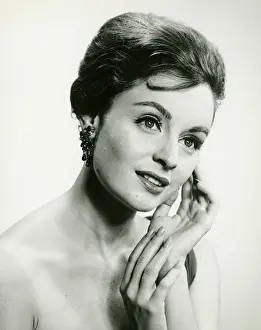 Young woman with hands to face, (B&W), (Portrait)