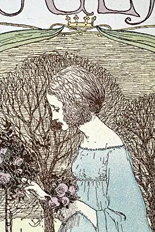 Jugendstil Prints: Young woman picking roses from a bush