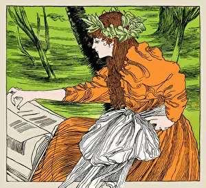 Art Noveau Prints: Young woman reading book in nature at spring art nouveau 1896