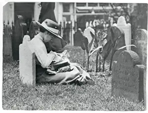 Eerie Prints: Young Woman Sewing Atop Grave