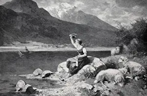Folkloric Prints: Young woman, shepherdess, in traditional traditional costume