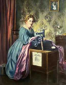 Sewing Prints: Young Woman Using Early Sewing Machine
