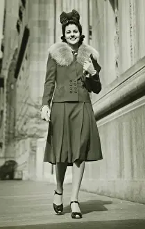 Fur Collar Prints: Young woman walking outdoors, (B&W)