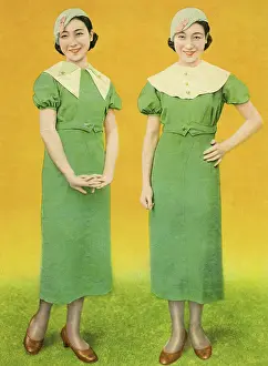 Prints of An illustration shows two smiling girls in green dresses, circa 1938. (Jim Heimann Collection/Getty Images) A Visual Journey Through Jim Heimann’s Collage Illustrations—Celebrating the Art of Vintage Ephemera and Pop History: Two Young Women