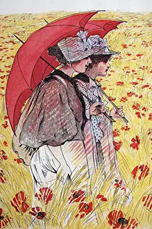 Prints of Young women with red parasol walking in field of poppies on a summers day, Vintage illustration, Art Nouveau, Jugendstil, German, 1890s 19th Century Digital Vision Vector Prints: Young women with red parasol walking in field of poppies on a summers day