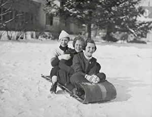 Hanover Prints: Young Women Riding on Sled