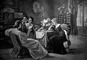 Images Dated 14th December 2017: Four young women talk in the living room - 1896