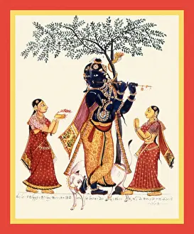 Youth Prints: Youthful Krishna playing the flute beneath a tree