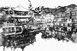 Artistic and Creative Abstract Architecture Art Collection: Yu Garden in Shanghai, night view, ink painting style