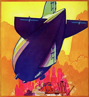 Magazine Prints: Zeppelin Flies above ship