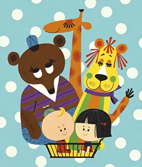 Illustra Prints: Three Zoo Animals and Two Children